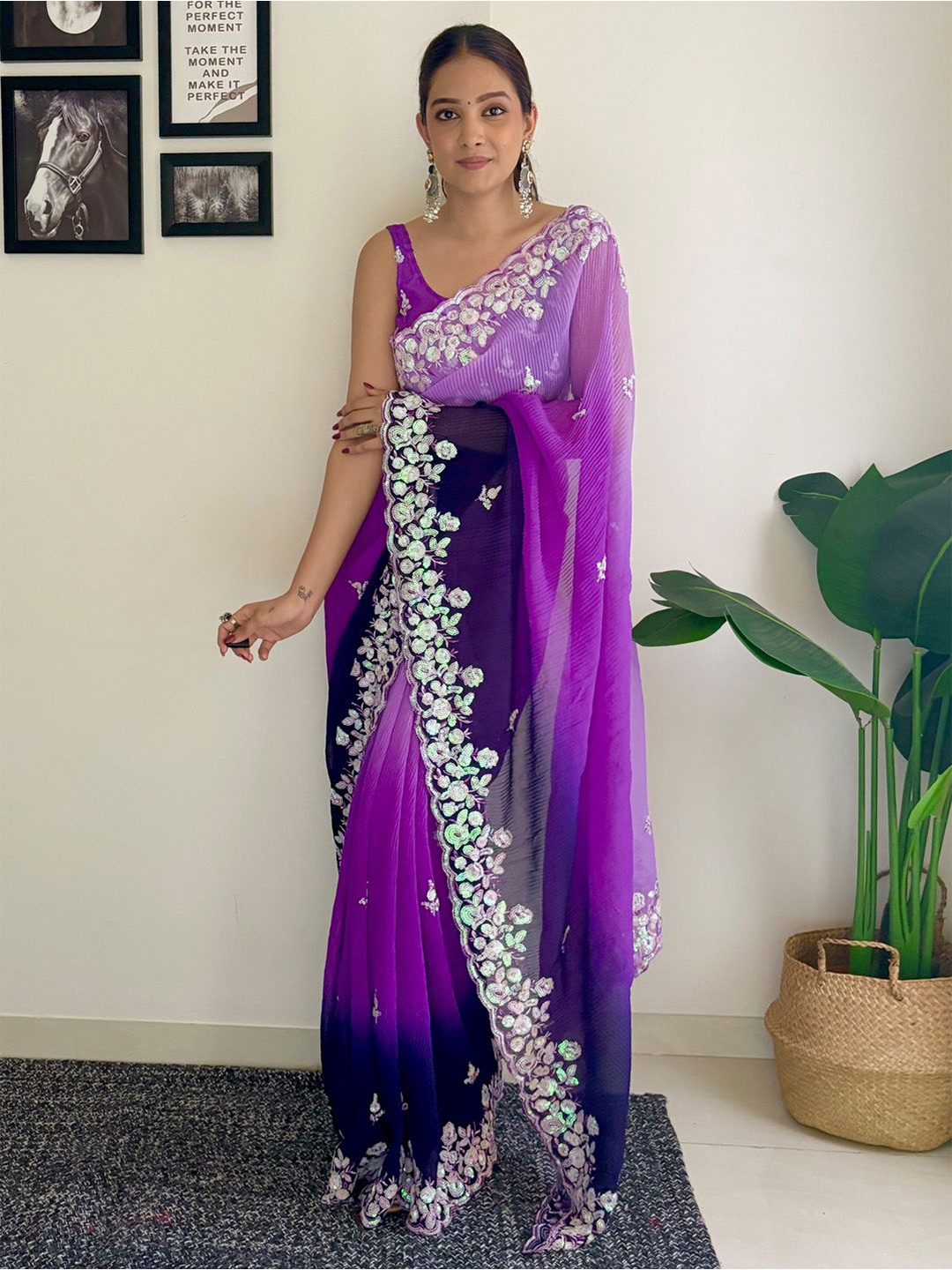 

Anouk Ethnic Motifs Sequinned Pure Georgette Saree, Purple