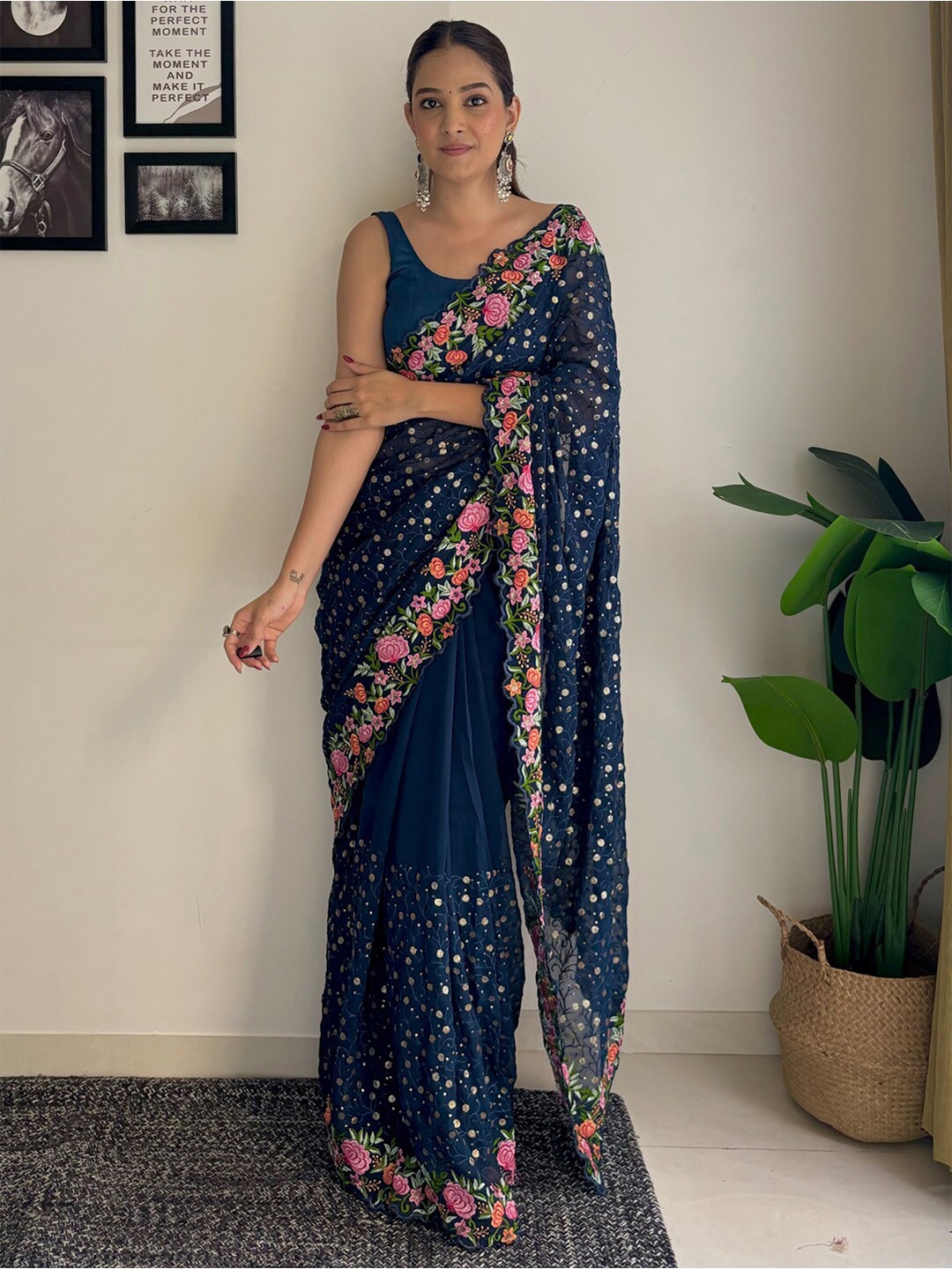 

Anouk Ethnic Motifs Sequinned Pure Georgette Saree, Teal