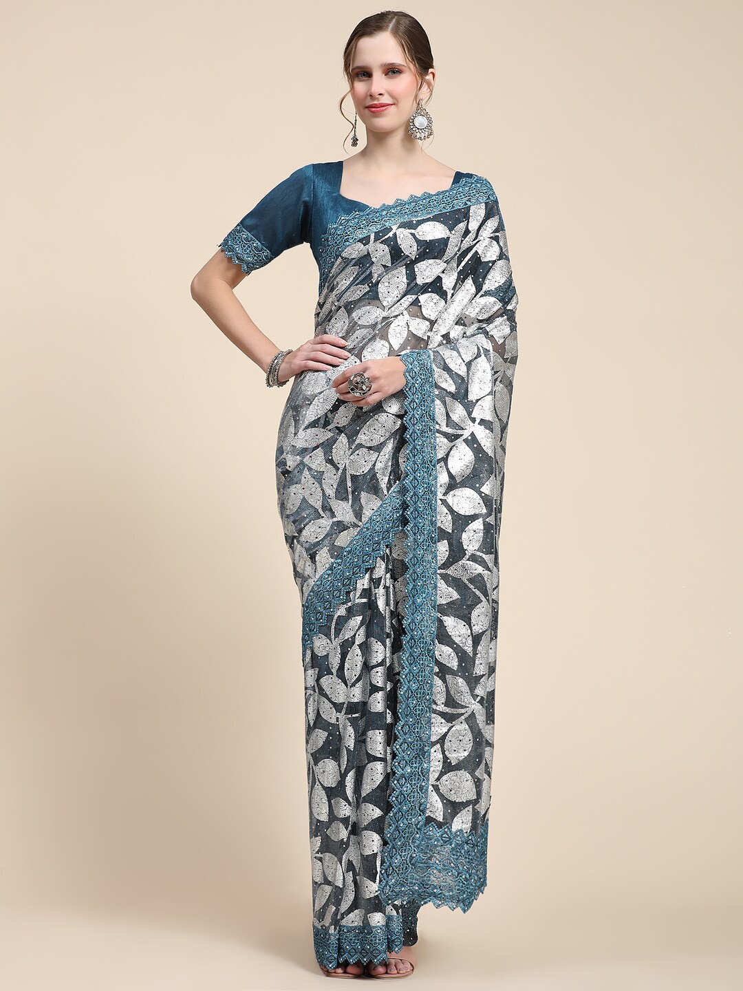 

VIJAYA VALLABH Floral Beads and Stones Saree, Teal