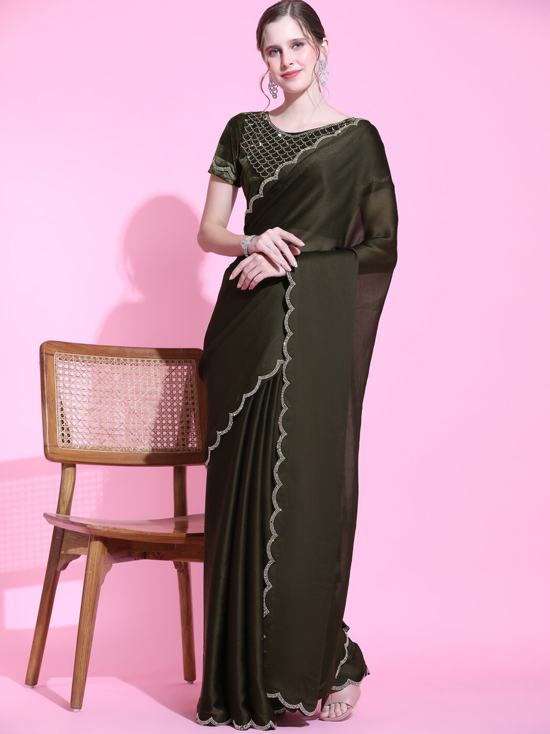 

VIJAYA VALLABH Beads and Stones Satin Saree, Brown