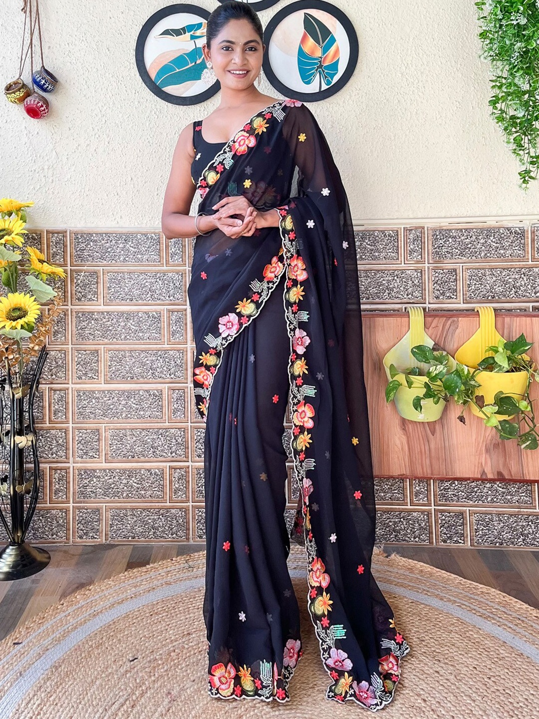 

Mitera Floral Embroidered Pure Georgette Saree, Black