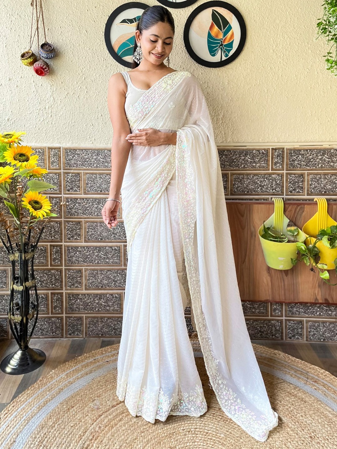 

Mitera Embellished Sequinned Poly Georgette Saree, Off white