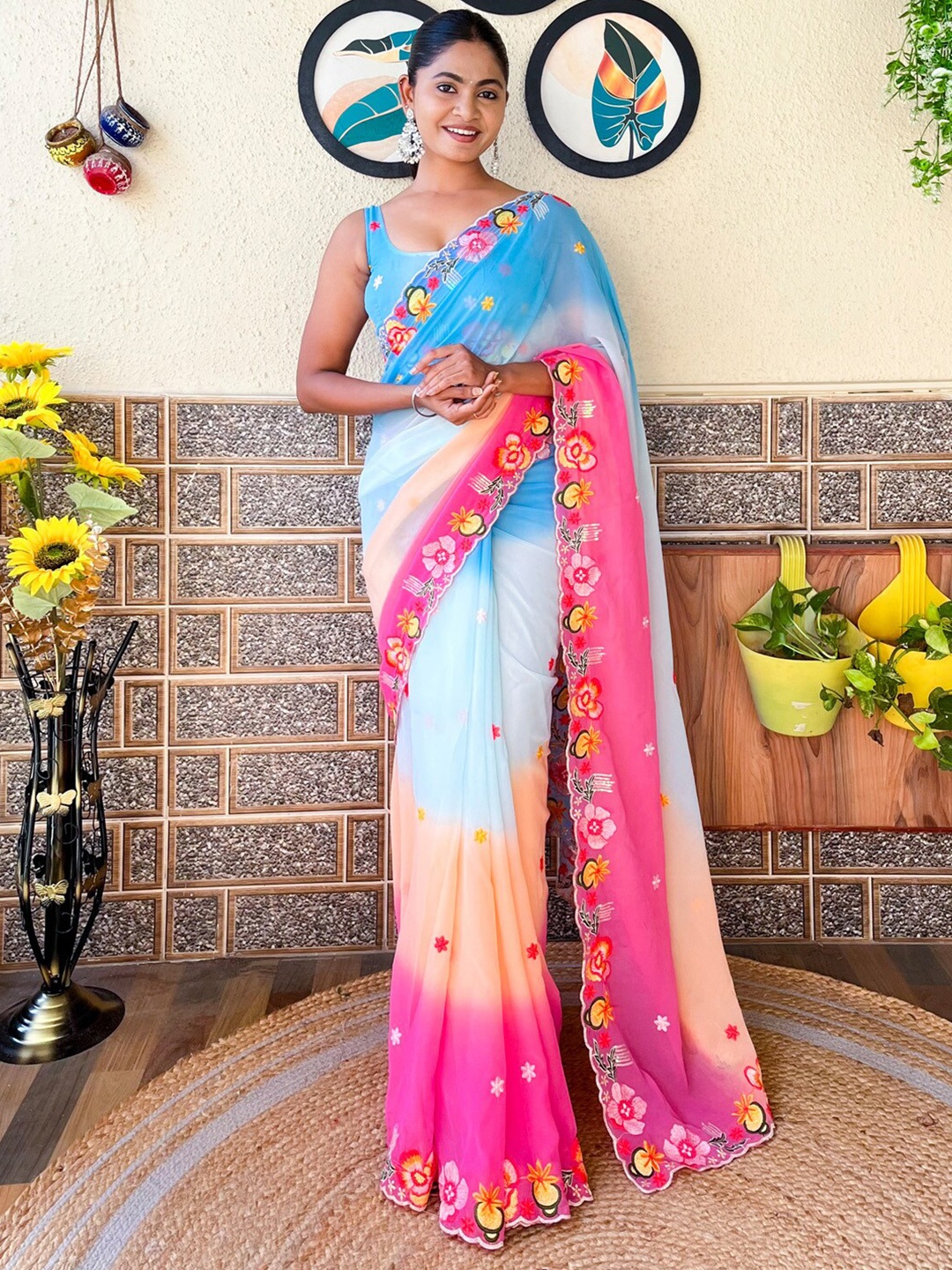 

Mitera Ombre Embroidered Poly Georgette Saree, Blue
