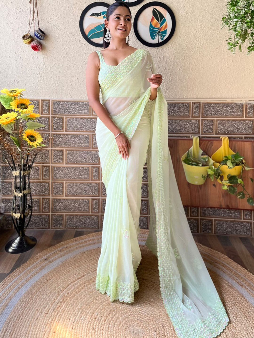 

Mitera Embellished Sequinned Poly Georgette Saree, Green