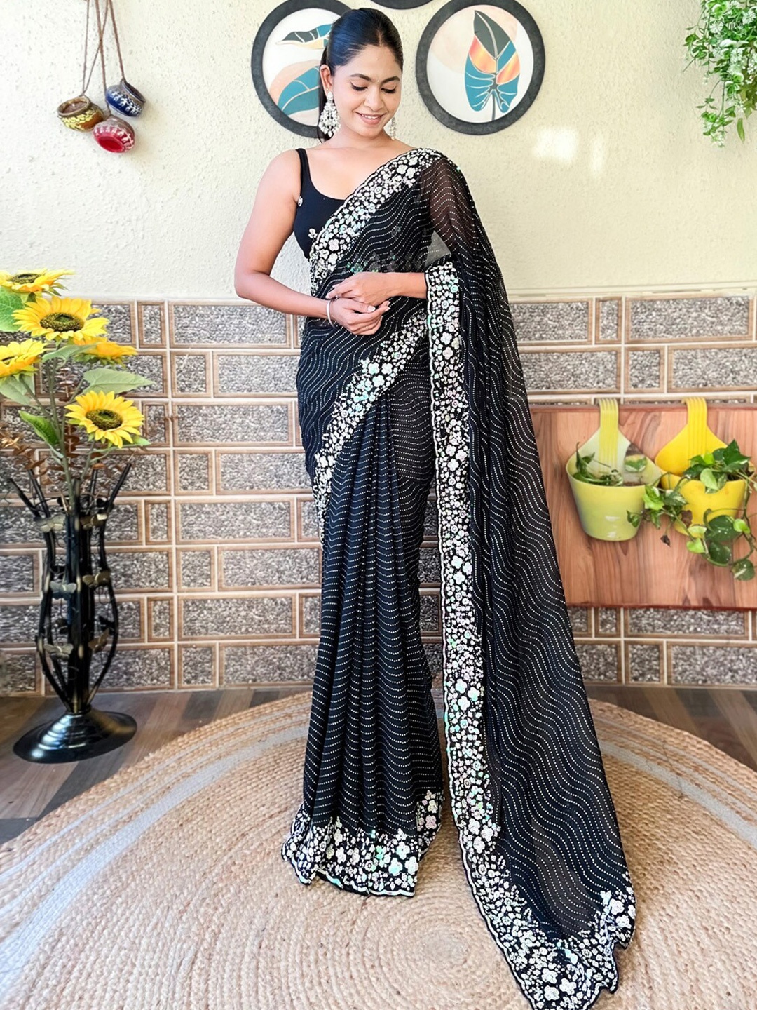 

Mitera Embellished Sequinned Poly Georgette Saree, Black