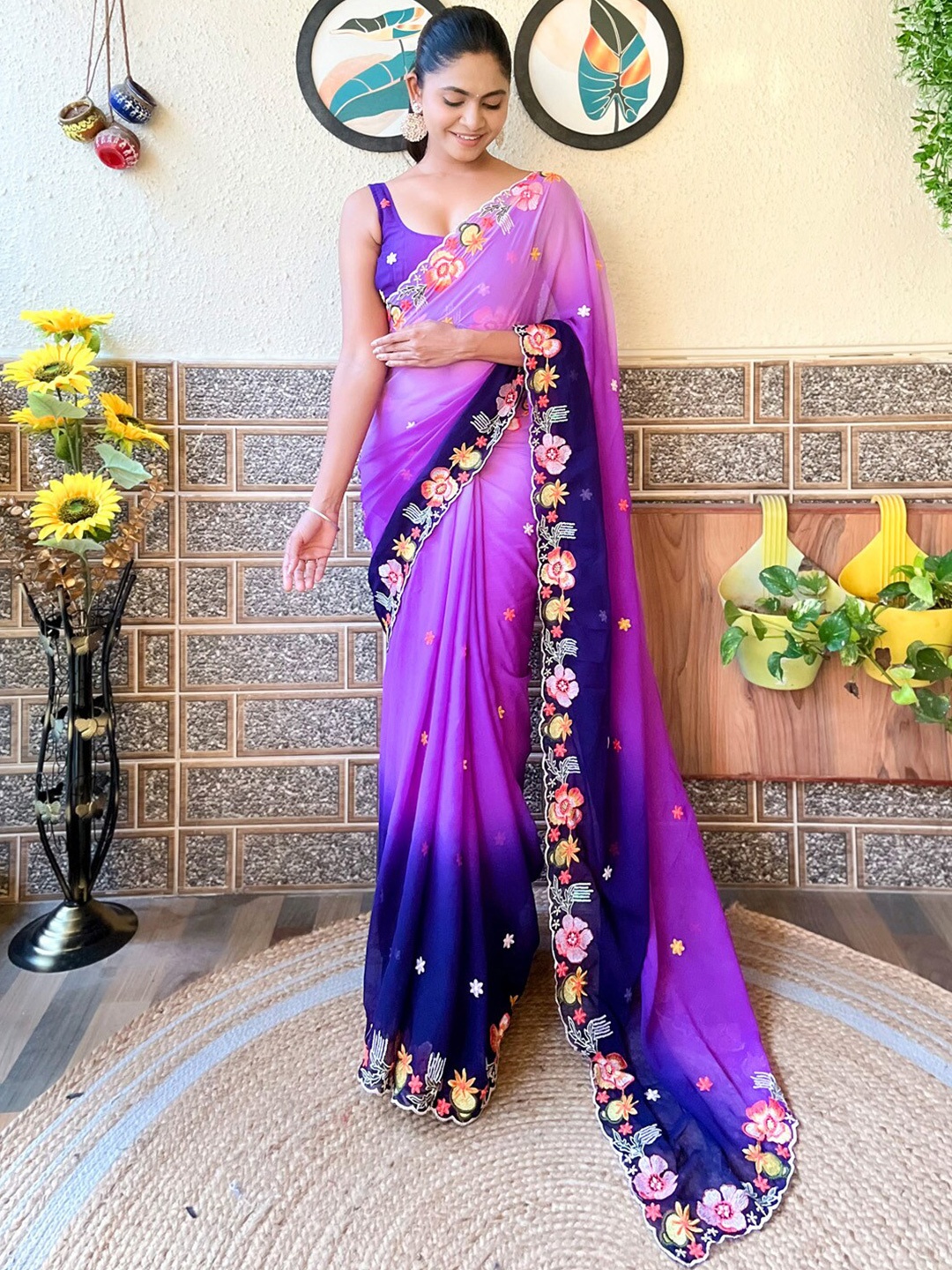 

Mitera Floral Embroidered Pure Georgette Saree, Purple