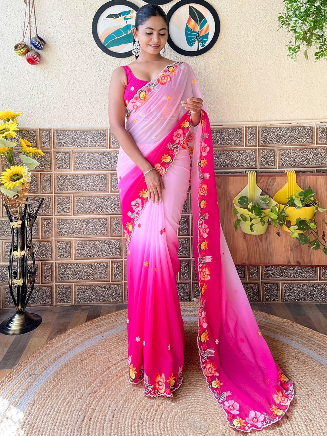 

Mitera Ombre Embroidered Poly Georgette Saree, Pink