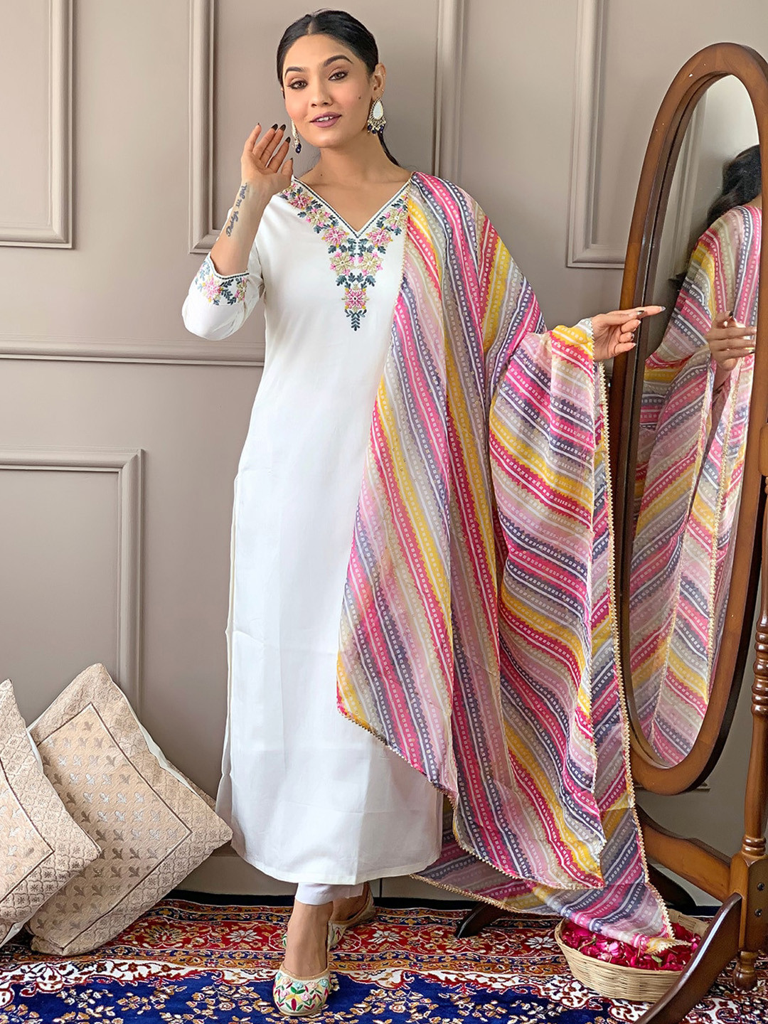

KALINI Women Floral Embroidered Regular Chanderi Silk Kurta with Trousers & With Dupatta, Off white