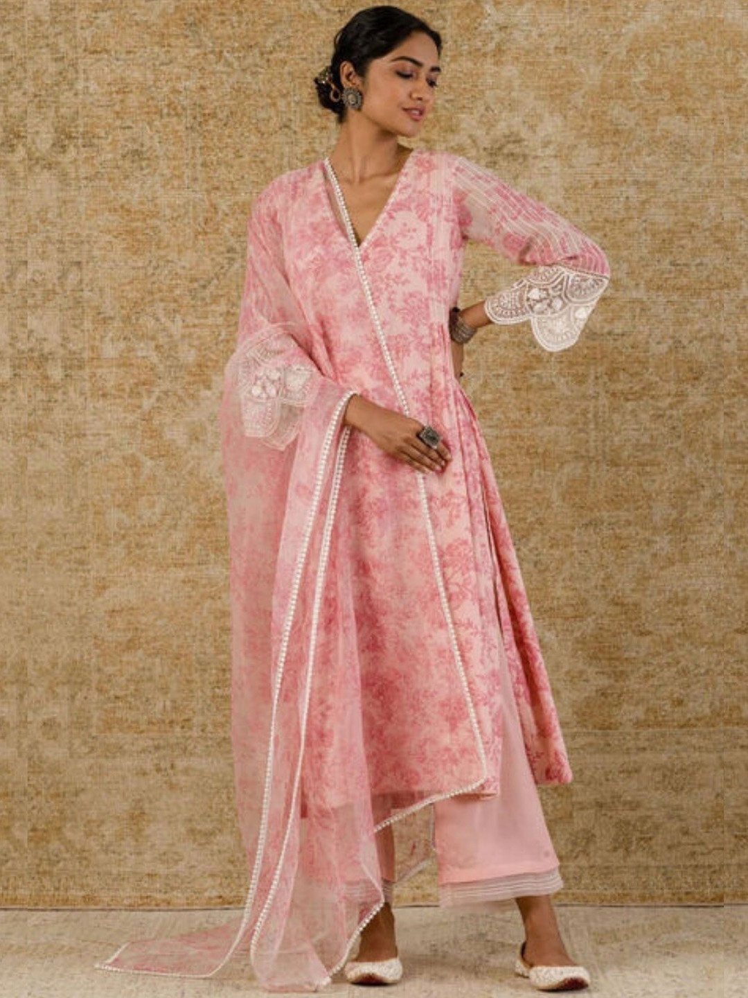 

KALINI Floral Printed Lace Inserted Regular A-Line Kurta With Trousers & Dupatta, Pink