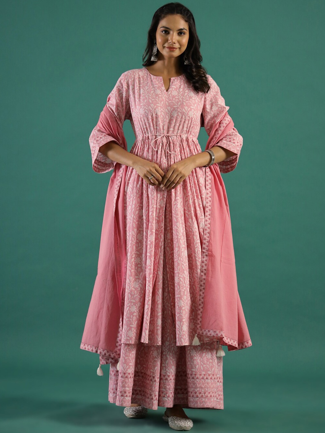 

RangDeep Floral Printed Regular Pure Cotton Anarkali Kurta With Sharara & Dupatta, Pink