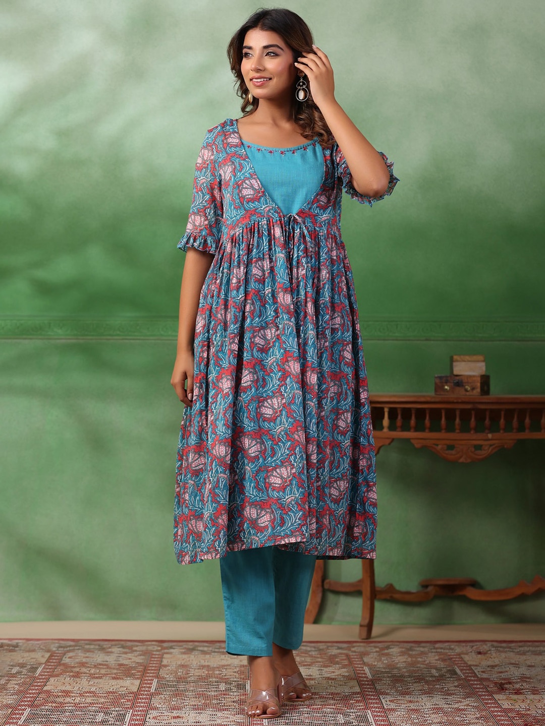 

RangDeep Shoulder Straps Regular Pure Cotton A-Line Kurta With Trousers, Teal