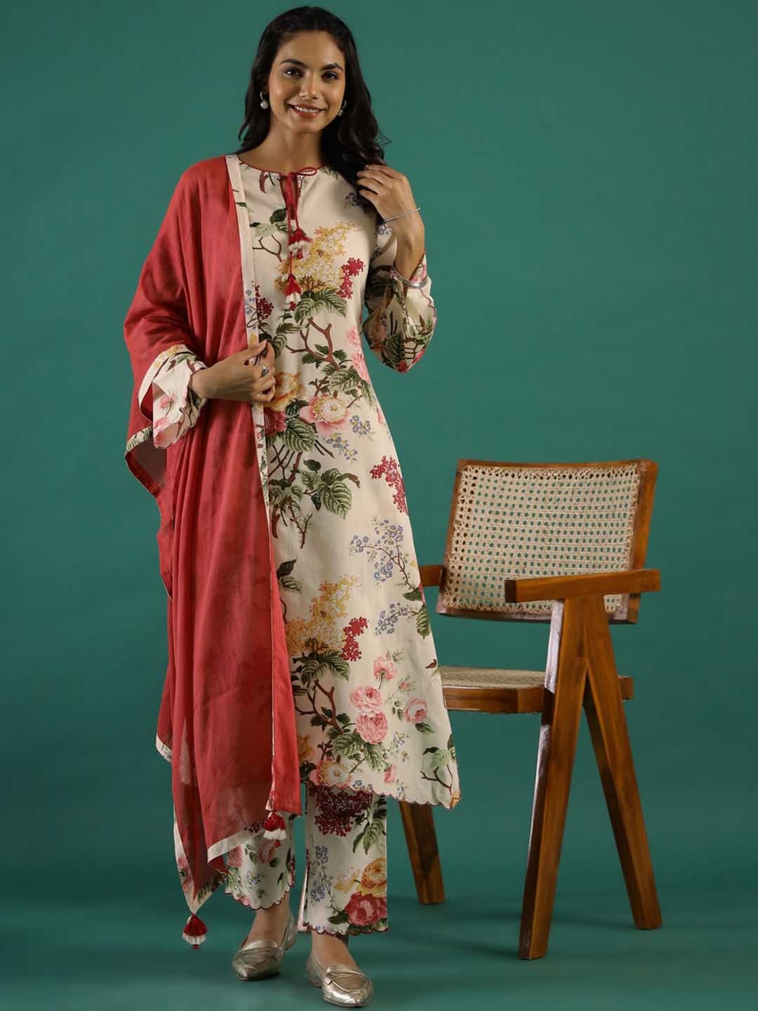 

RangDeep Floral Printed Regular Pure Cotton A-Line Kurta With Trousers & Dupatta, Cream