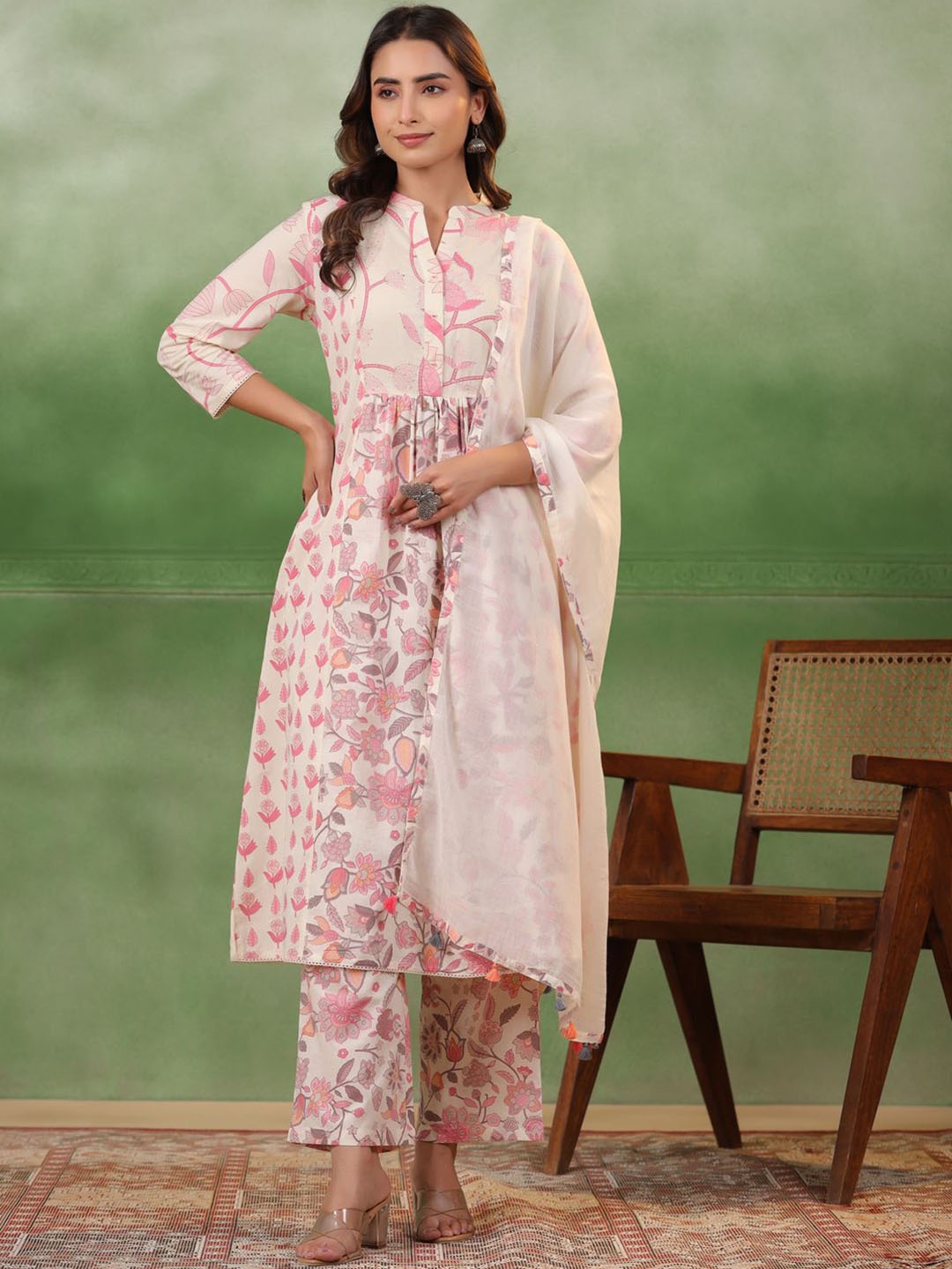 

RangDeep Printed Band Collar Pure Cotton Pleated A-Line Kurta With Trousers & Dupatta, White