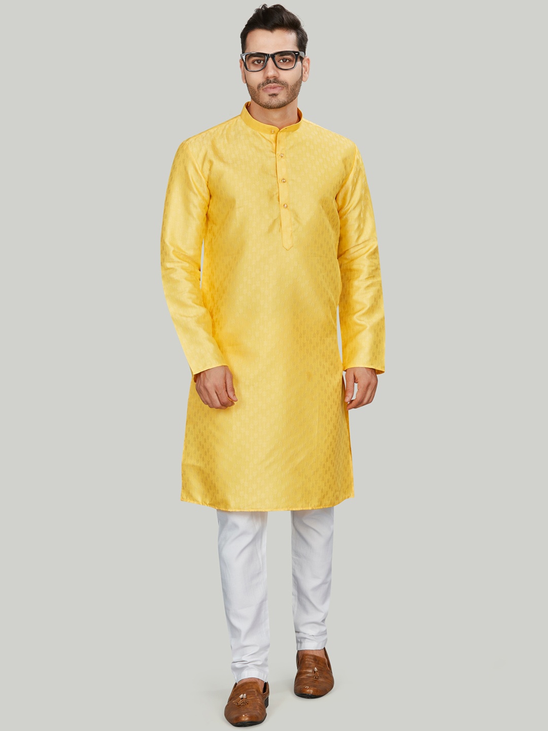 

Authentics Geometric Woven Design Mandarin Collar Panelled Straight Silk Kurta, Yellow