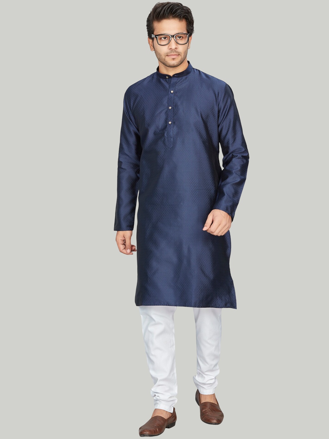 

Authentics Self Design Mandarin Collar Jacquard A-Line Kurta, Blue