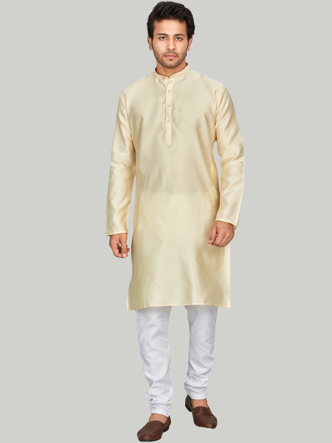 

Authentics Checked Woven Design Mandarin Collar Roll-Up Sleeves Pathani Silk Kurta, Cream