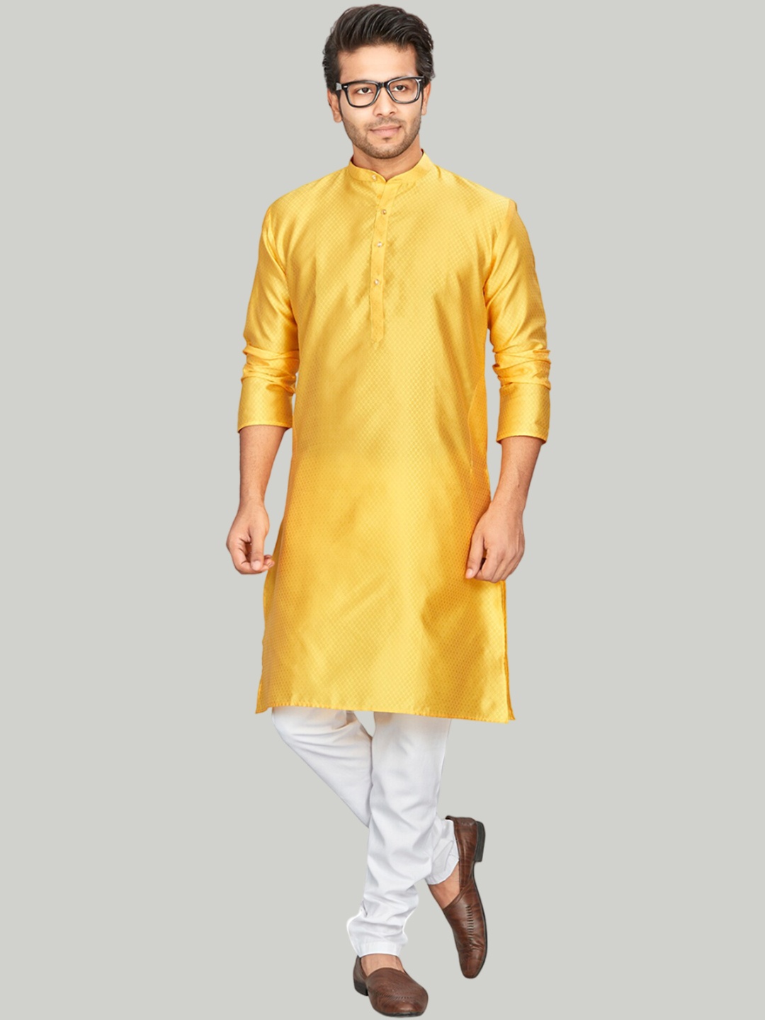 

Authentics Geometric Woven Design Mandarin Collar Jacquard Straight Kurta, Yellow