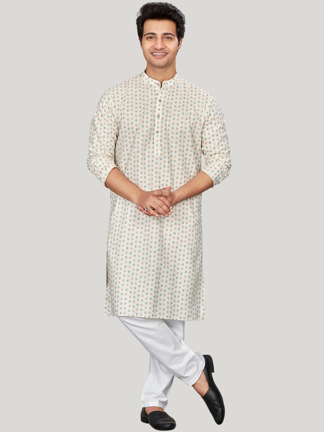 

Authentics Geometric Woven Design Mandarin Collar Straight Linen Kurta, Orange