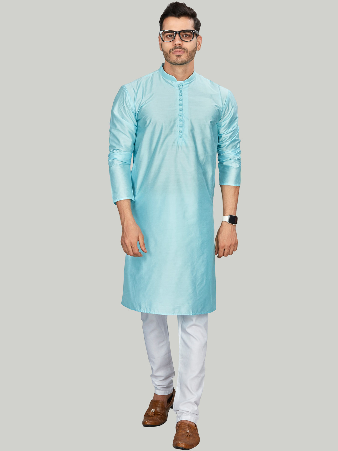 

Authentics Mandarin Collar Cotton Silk Regular Straight Kurta, Blue