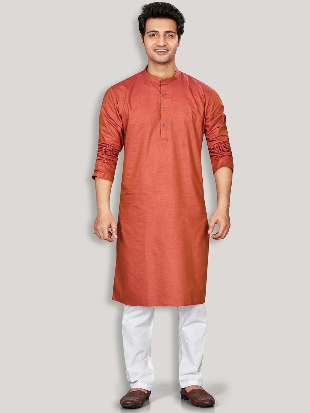 

Authentics Mandarin Collar Roll-Up Sleeves Straight Cotton Kurta, Brown