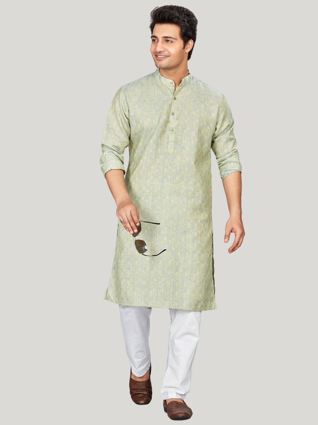 

Authentics Abstract Woven Design Mandarin Collar Curved Pathani Cotton Kurta, Blue