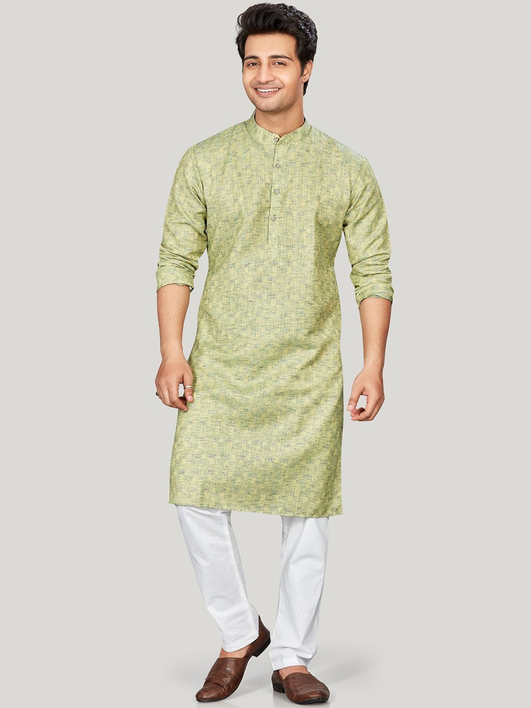 

Authentics Abstract Printed Mandarin Collar Jacquard A-Line Kurta, Green