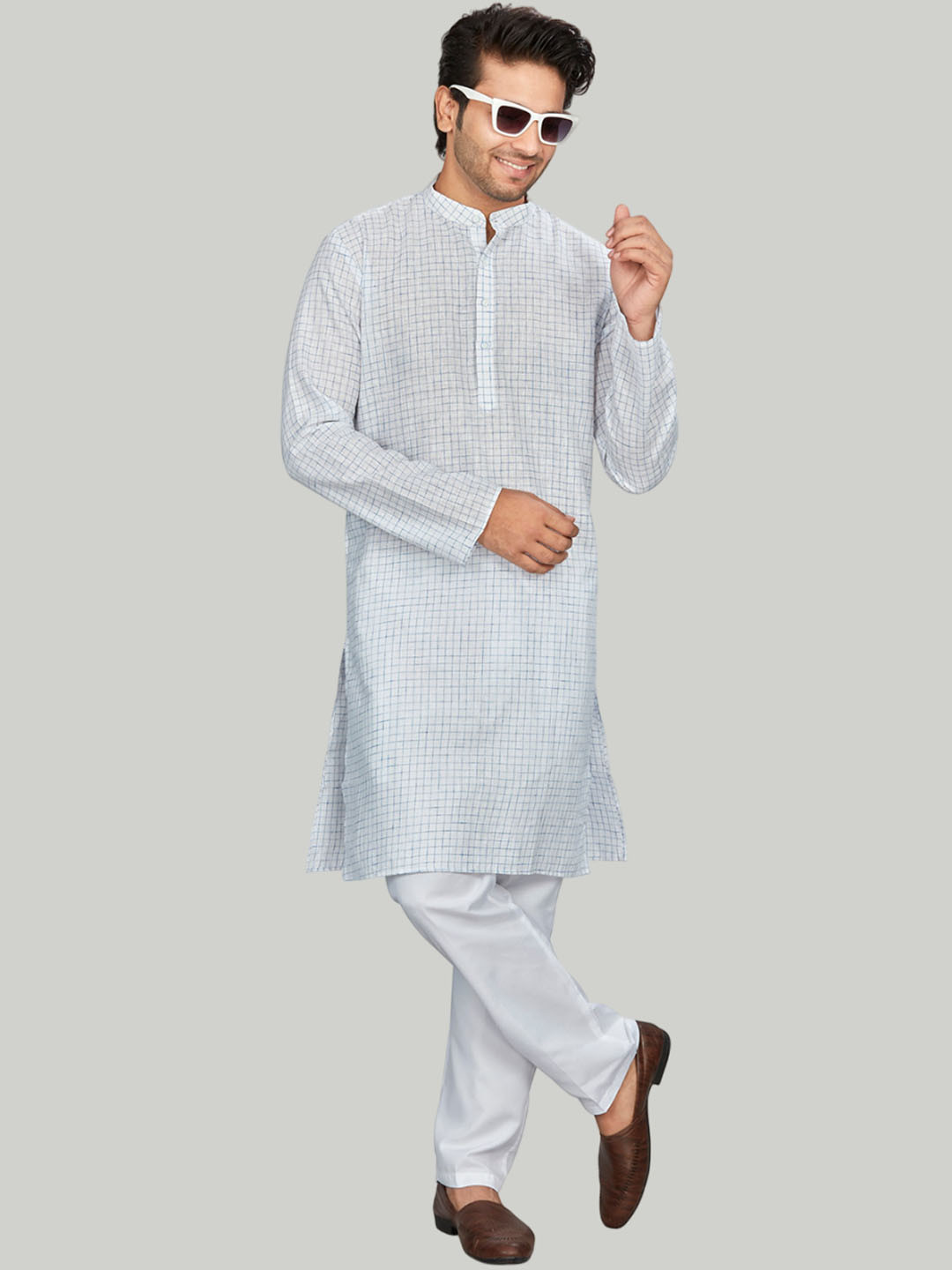 

Authentics Checked Mandarin Collar Pathani Linen Kurta, White