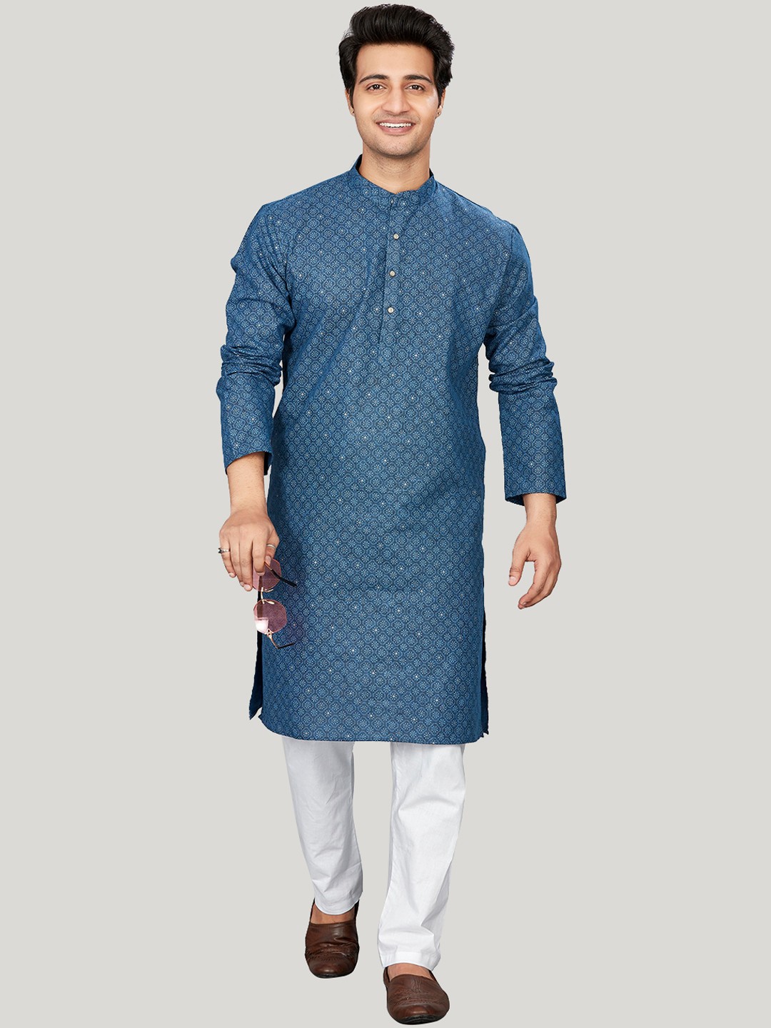 

Authentics Geometric Woven Design Mandarin Collar Linen Straight Kurta, Blue
