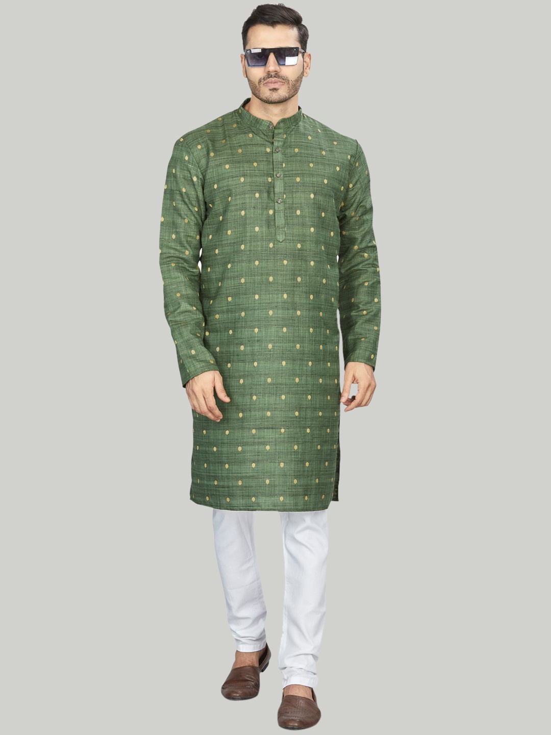 

Authentics Geometric Woven Design Mandarin Collar Panelled Cotton Kurta, Green