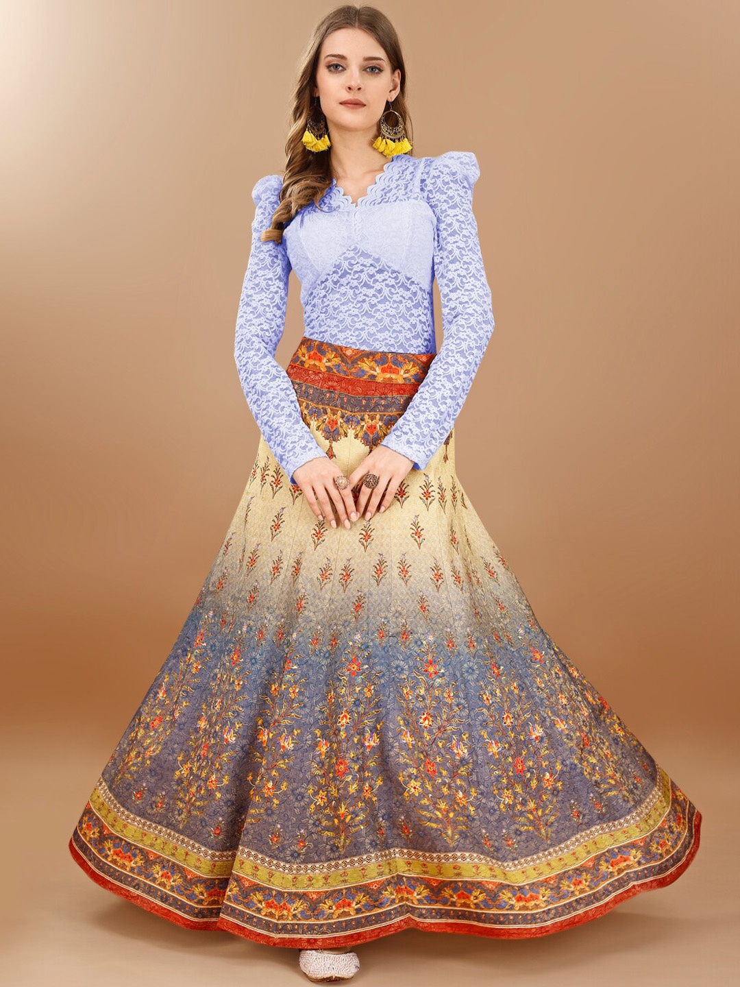 

SAPTRANGI Floral Printed Maxi Flared Skirt, Cream