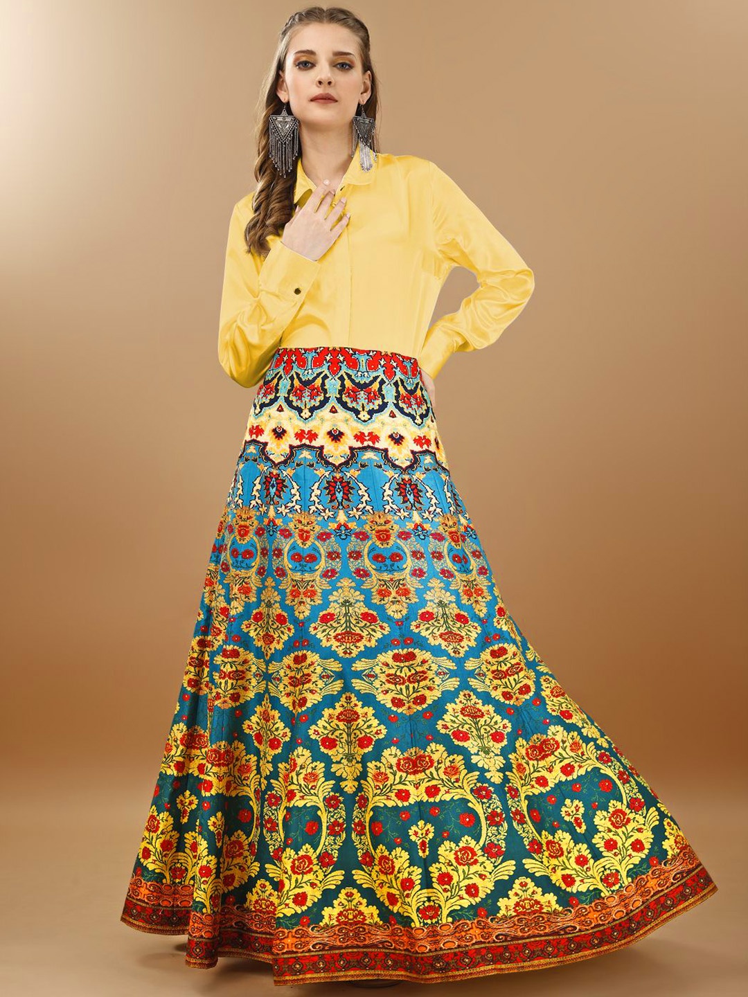 

SAPTRANGI Printed Flared Maxi Skirts, Yellow