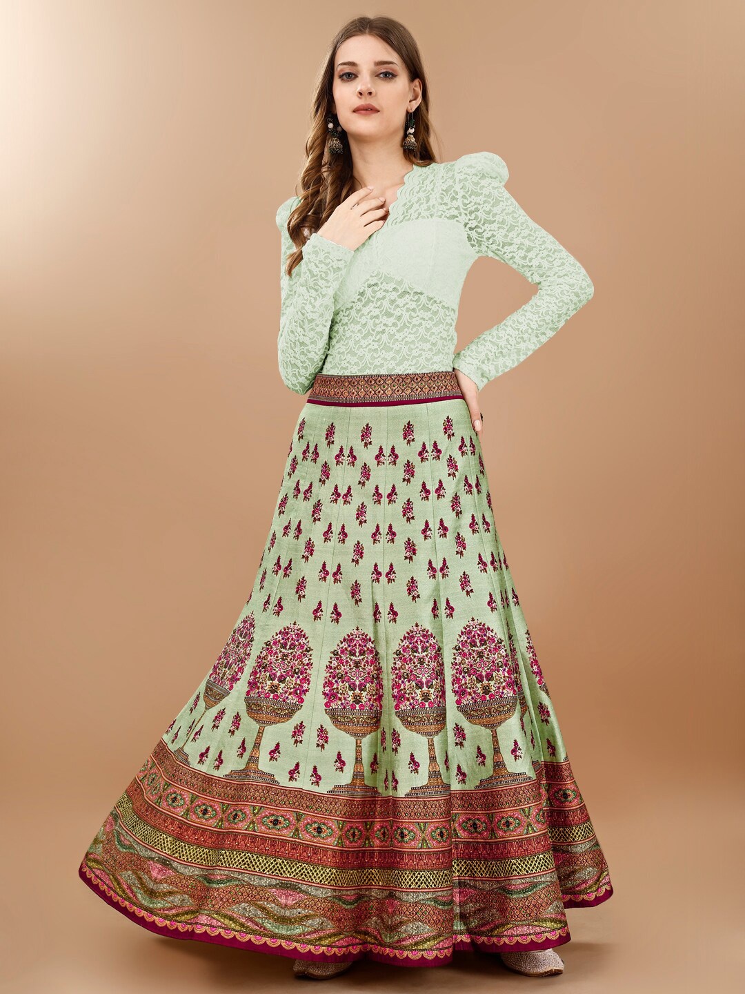 

SAPTRANGI Floral Printed Flared Maxi Skirt, Green
