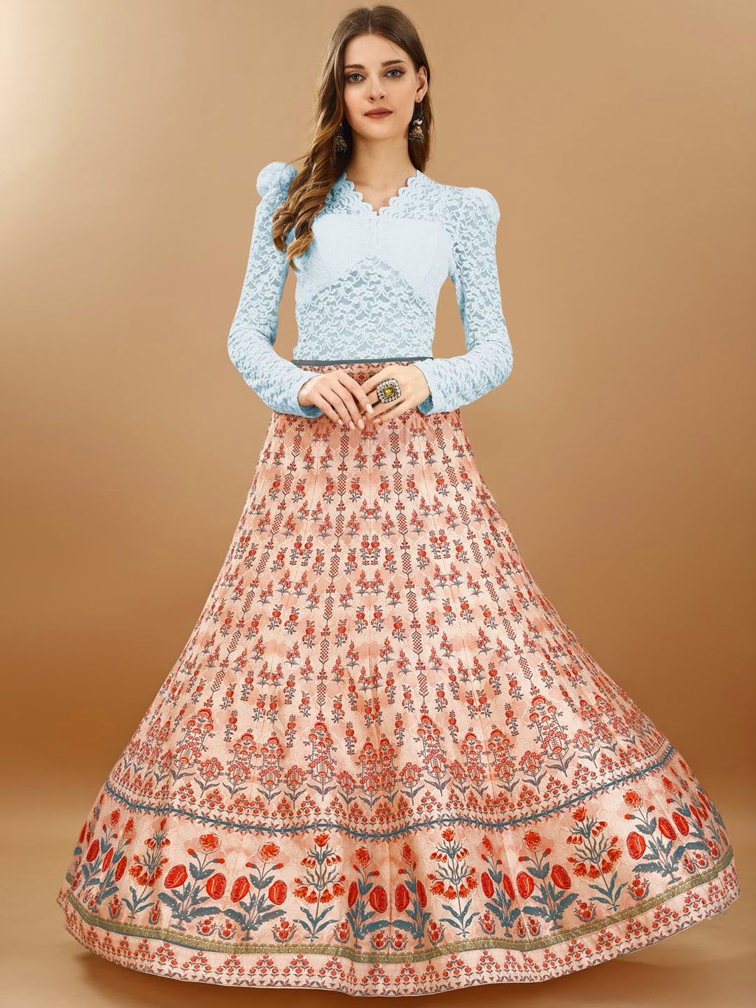 

SAPTRANGI Printed Flared Maxi Skirts, Peach