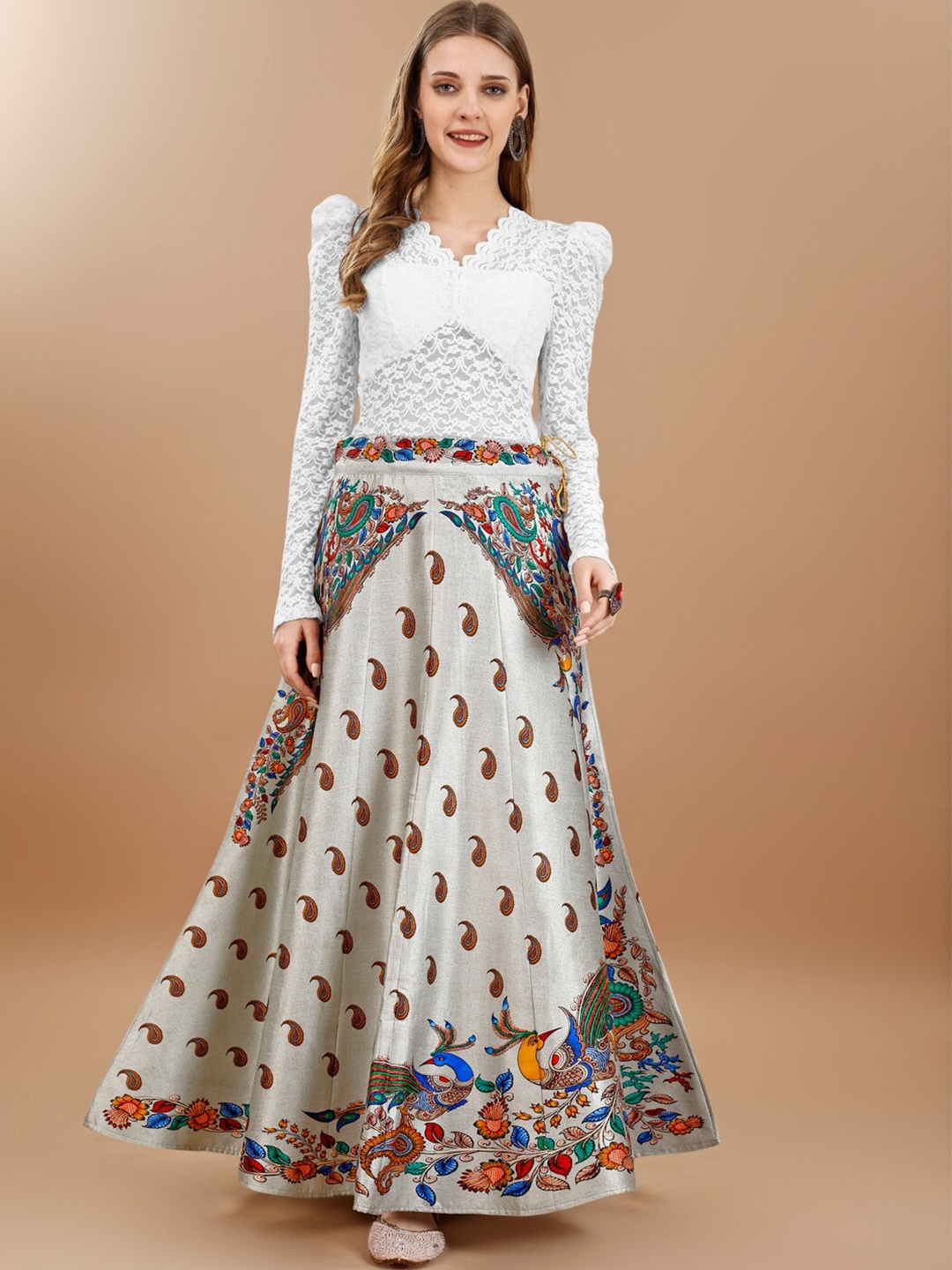 

SAPTRANGI Women Ethnic Print Flared Maxi Skirt, White