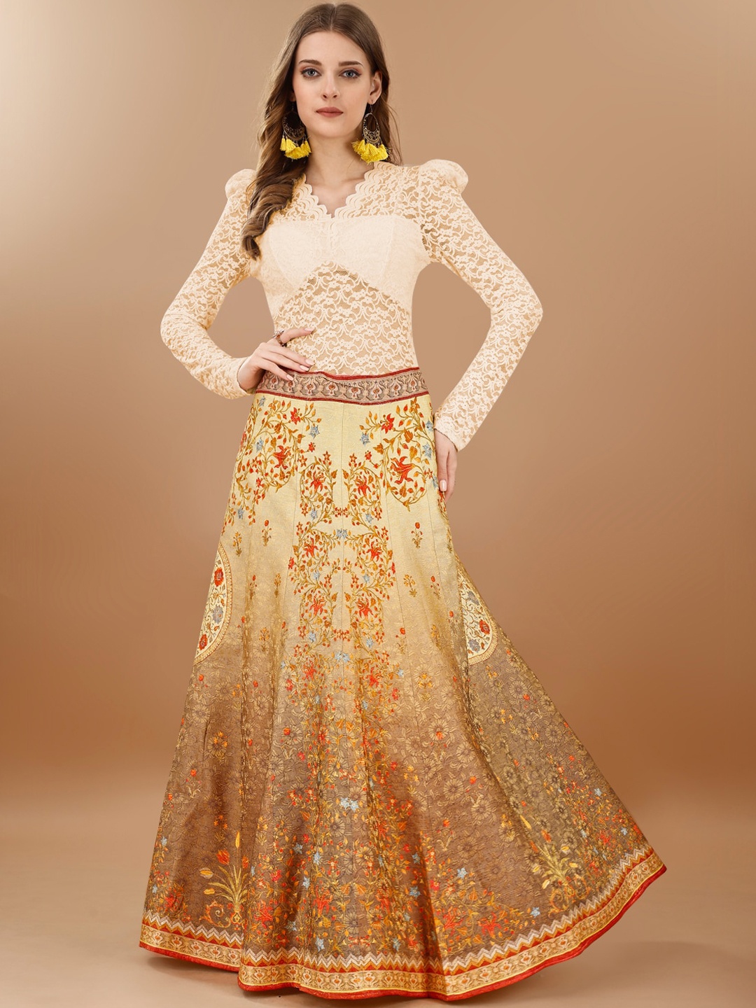 

SAPTRANGI Printed Flared Maxi Skirts, Beige