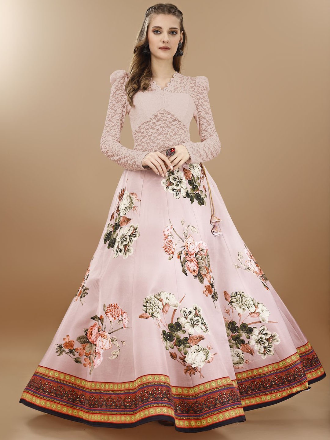 

SAPTRANGI Floral Printed Flared Maxi Skirt, Peach