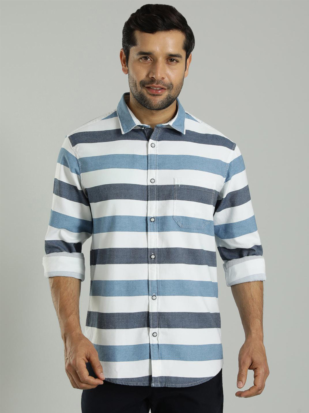 

Indian Terrain Slim Fit Horizontal Striped Spread Collar Long Sleeves Cotton Casual Shirt, Blue