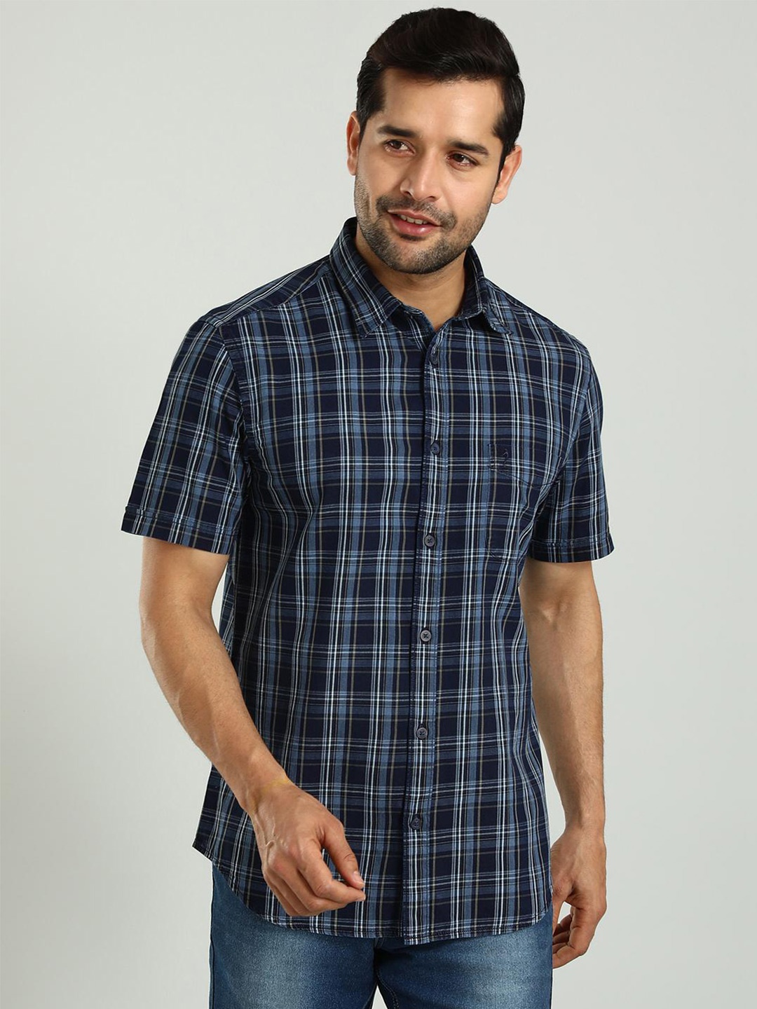 

Indian Terrain Slim Fit Tartan Checked Spread Collar Short Sleeves Cotton Casual Shirt, Brown