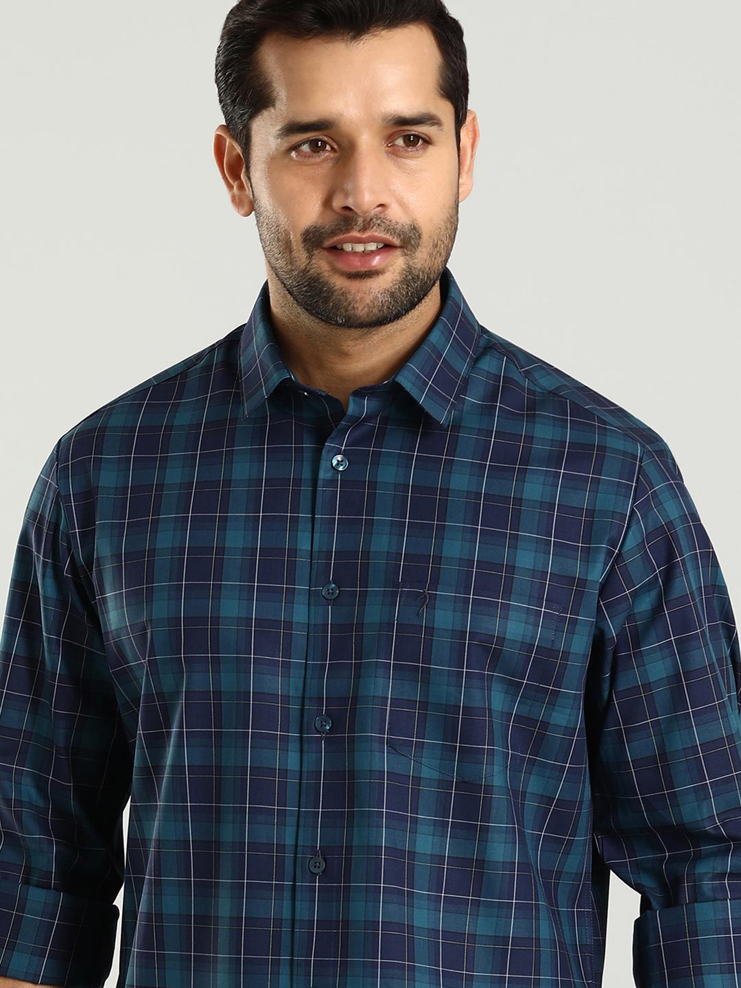 

Indian Terrain Slim Fit Tartan Checked Spread Collar Long Sleeves Cotton Casual Shirt, Blue