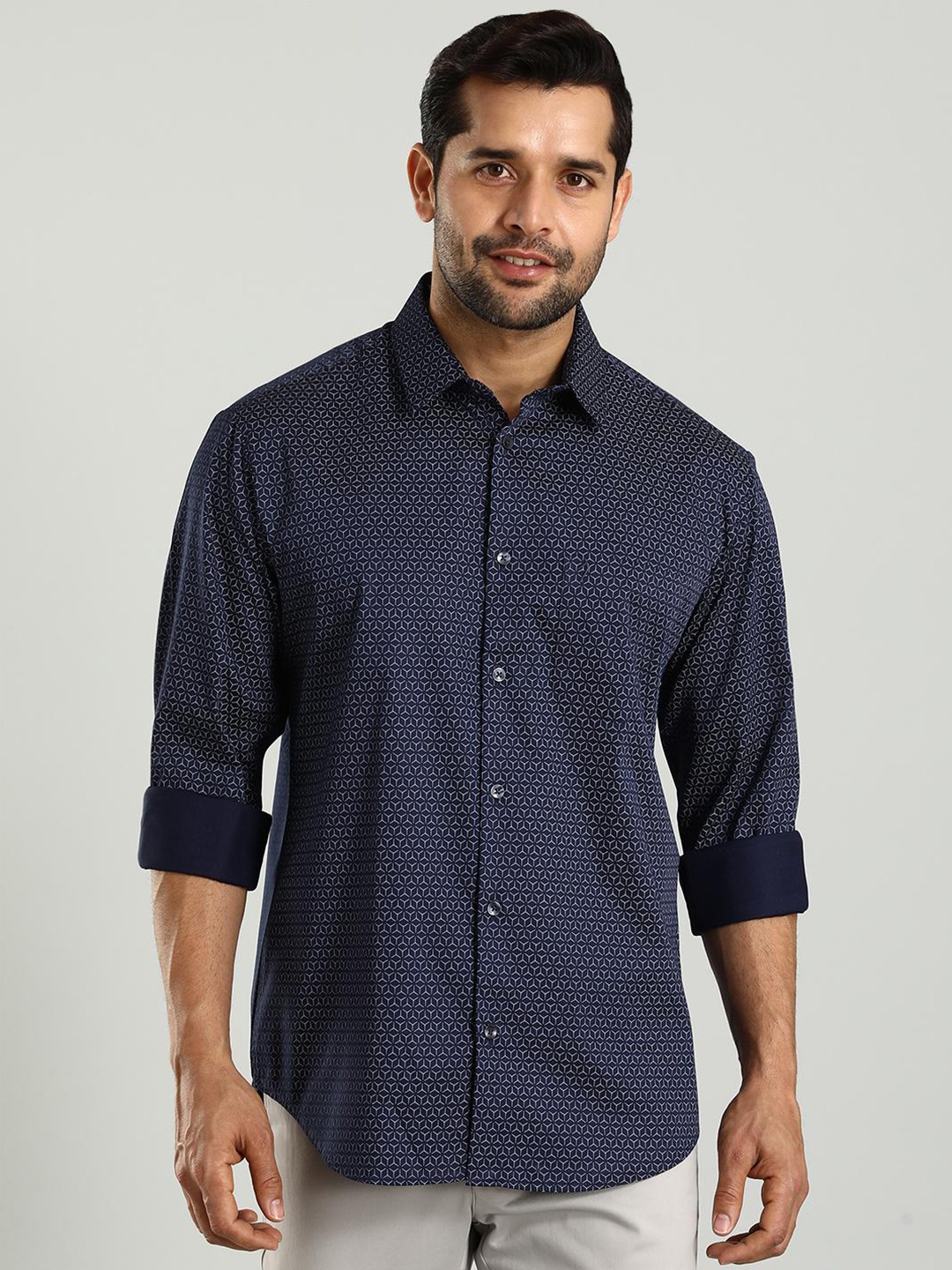 

Indian Terrain Classic Slim Fit Micro Ditsy Printed Spread Collar Shirt, Blue