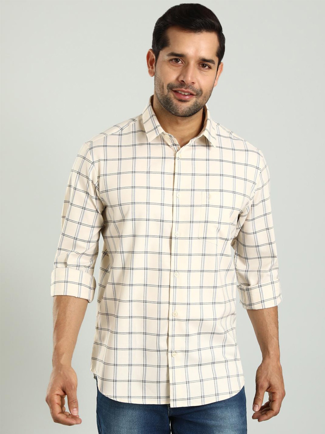 

Indian Terrain Classic Slim Fit Checked Cotton Casual Shirt, Beige