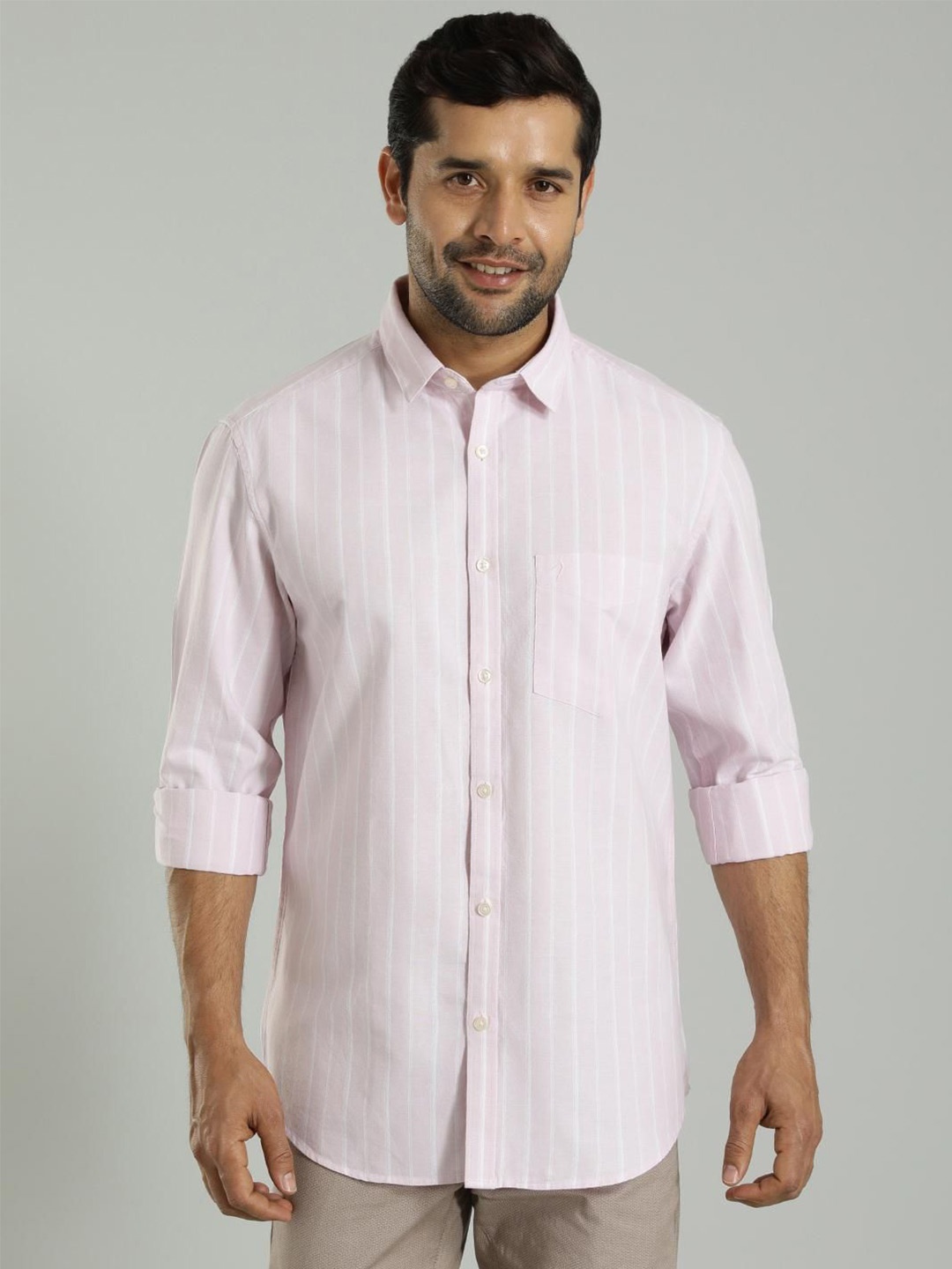 

Indian Terrain Slim Fit Striped Spread Collar Cotton Shirt, Pink