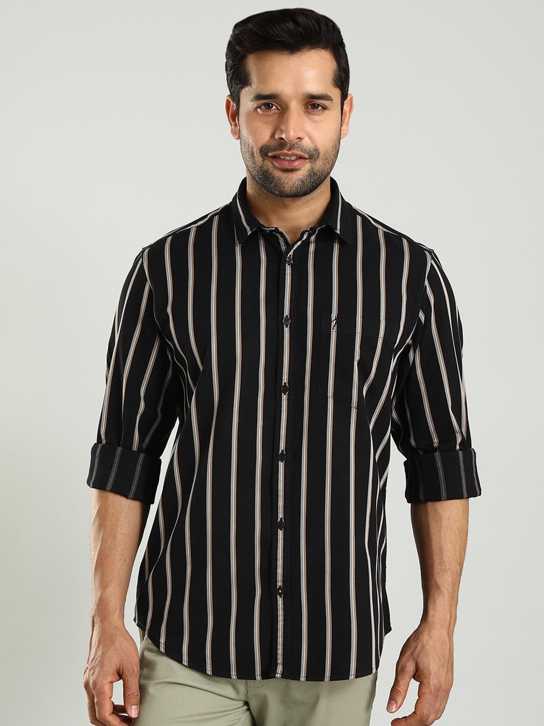 

Indian Terrain Vertical Striped Classic Slim Fit Cotton Opaque Casual Shirt, Black
