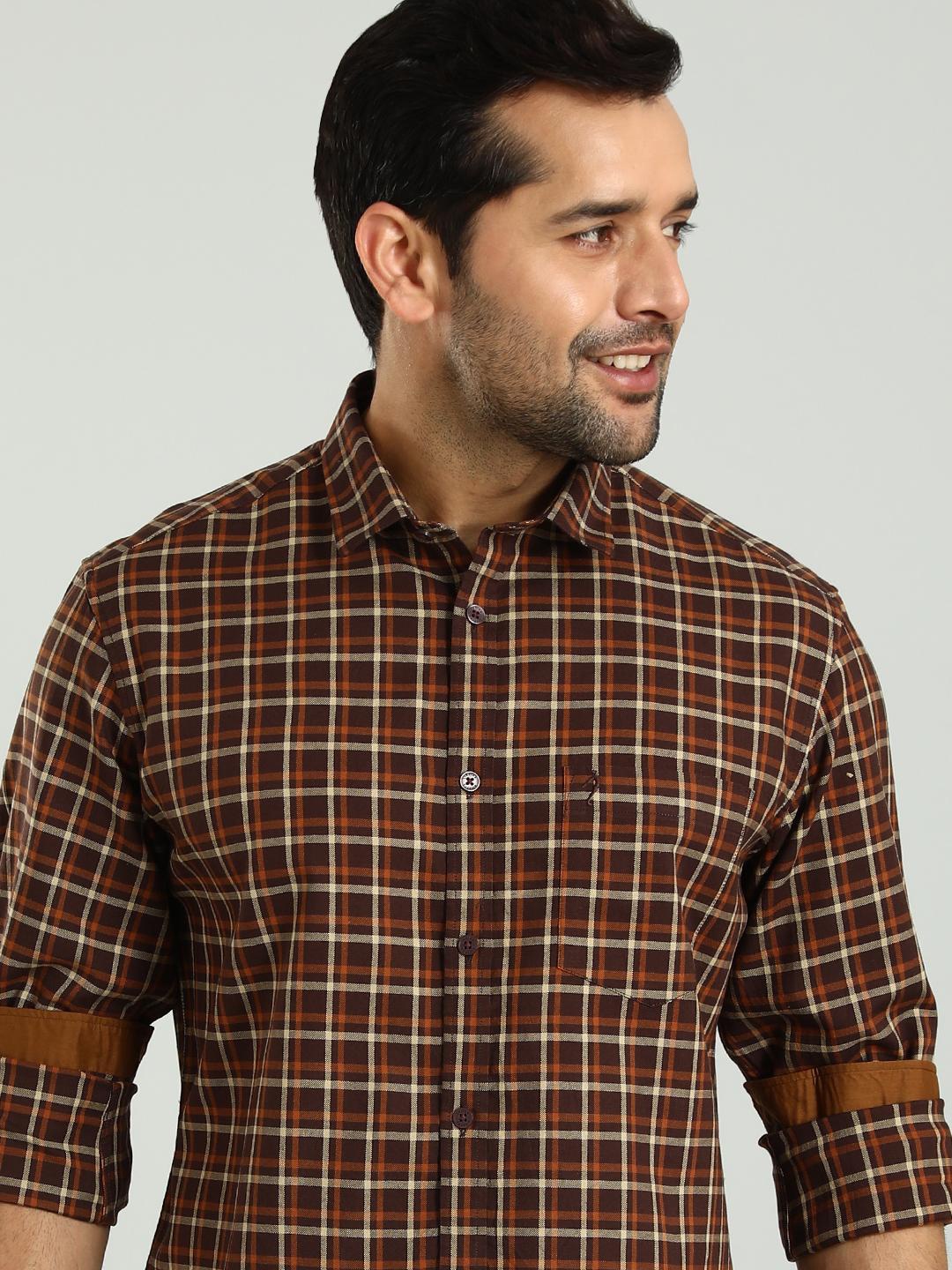 

Indian Terrain Classic Slim Fit Checked Spread Collar Long Sleeves Cotton Casual Shirt, Brown