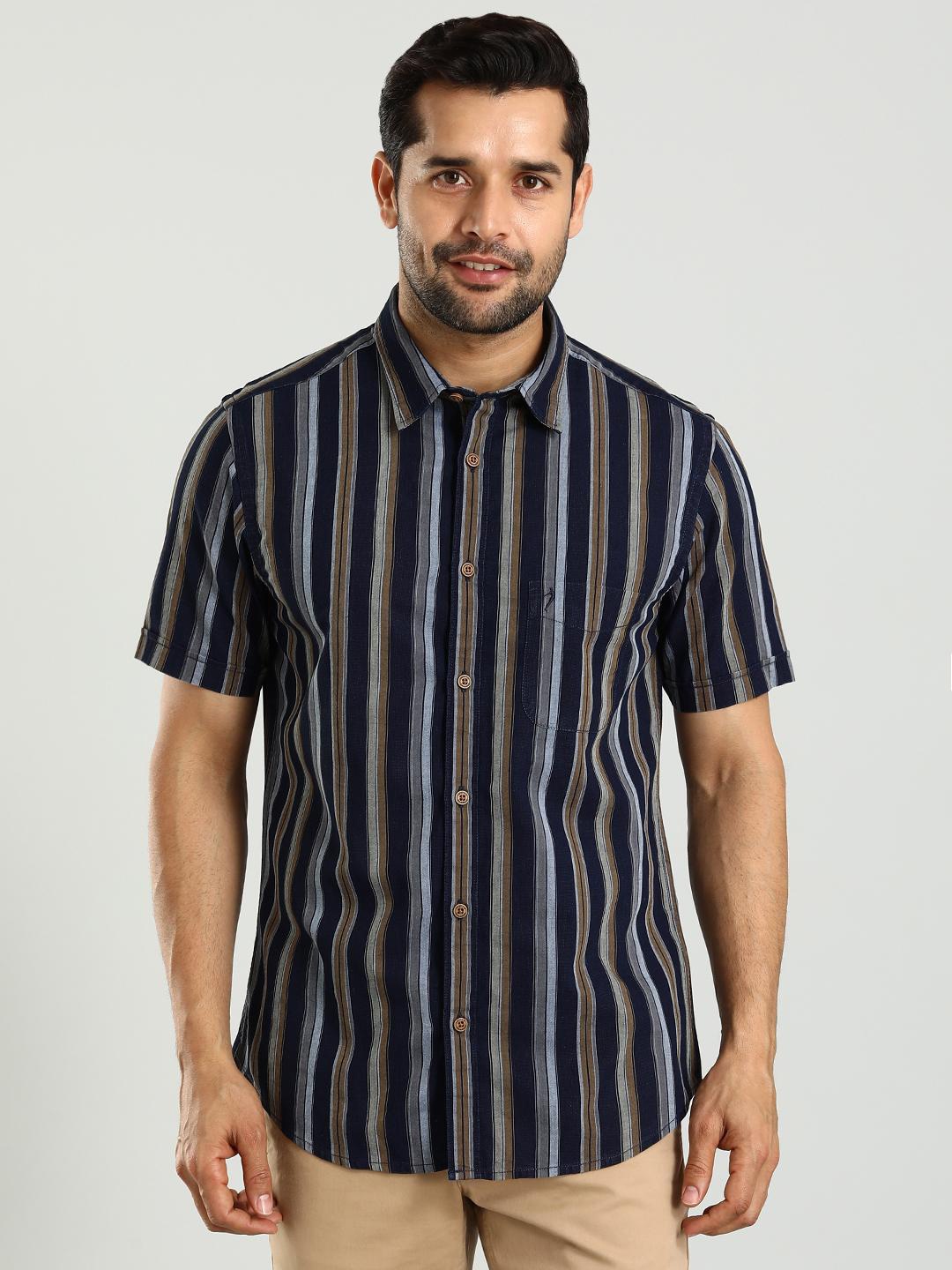 

Indian Terrain Chiseled Skinny Fit Striped Spread Collar Short Sleeves Cotton Casual Shirt, Brown