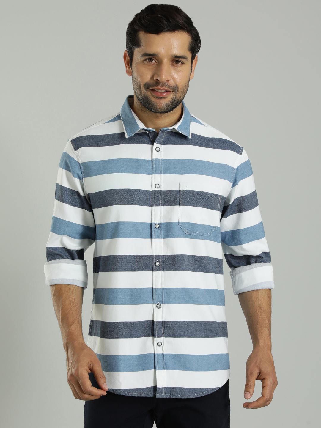 

Indian Terrain India Slim Slim Fit Horizontal Stripes Pure Cotton Casual Shirt, Blue