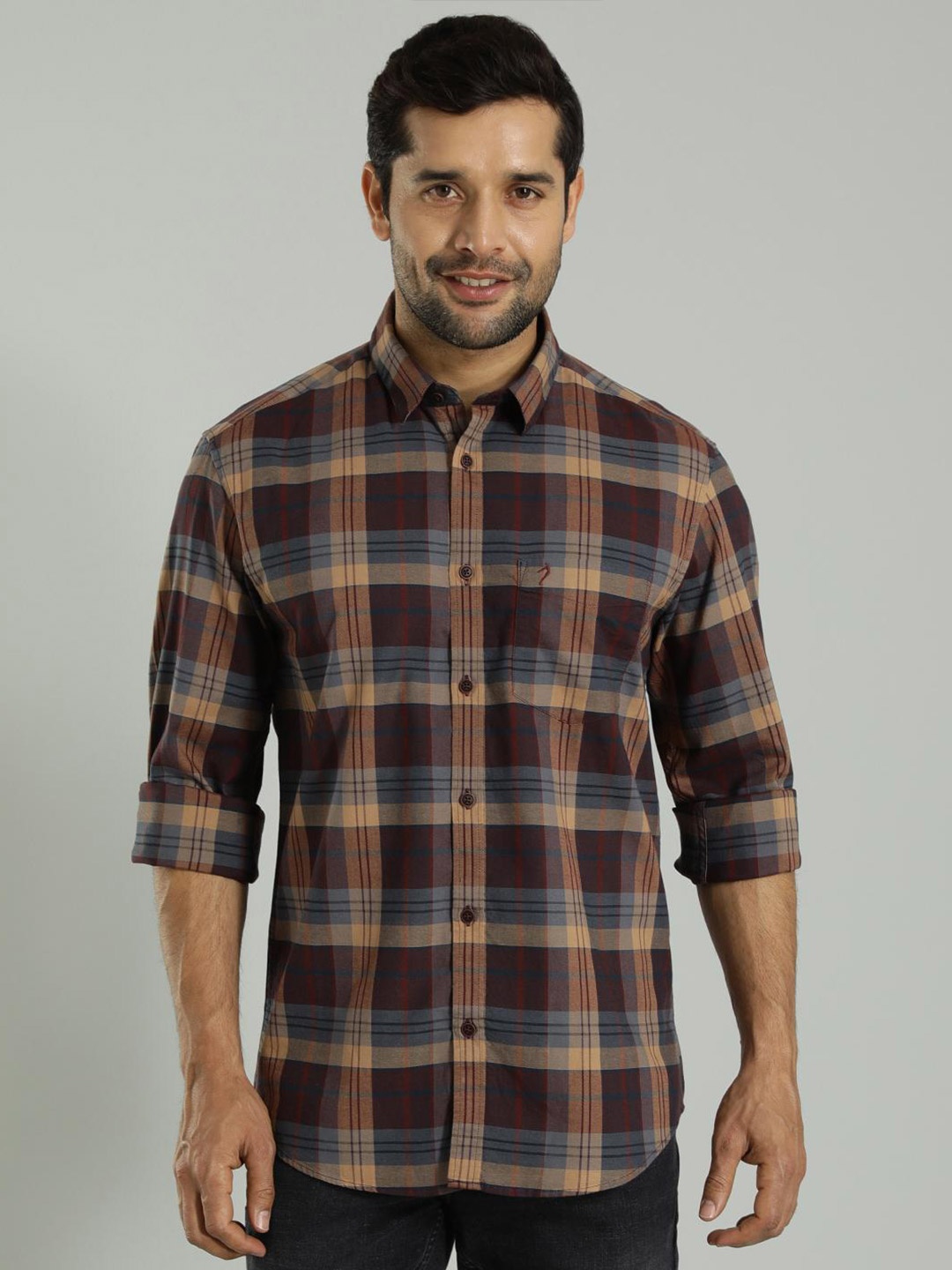 

Indian Terrain India Slim Tartan Checks Cutaway Collar Slim Fit Cotton Casual Shirt, Brown