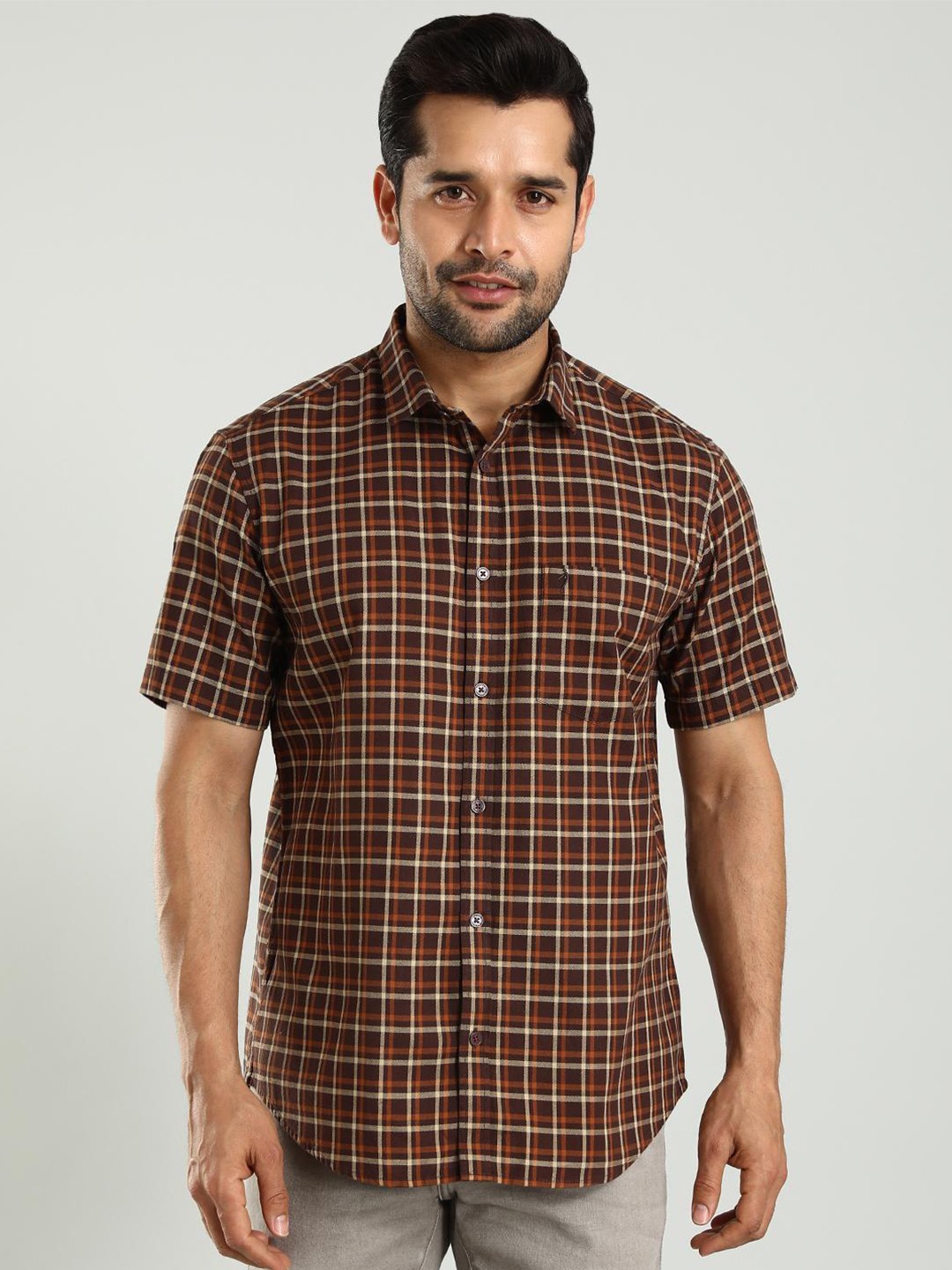 

Indian Terrain Classic Slim Fit Checked Cotton Casual Shirt, Brown