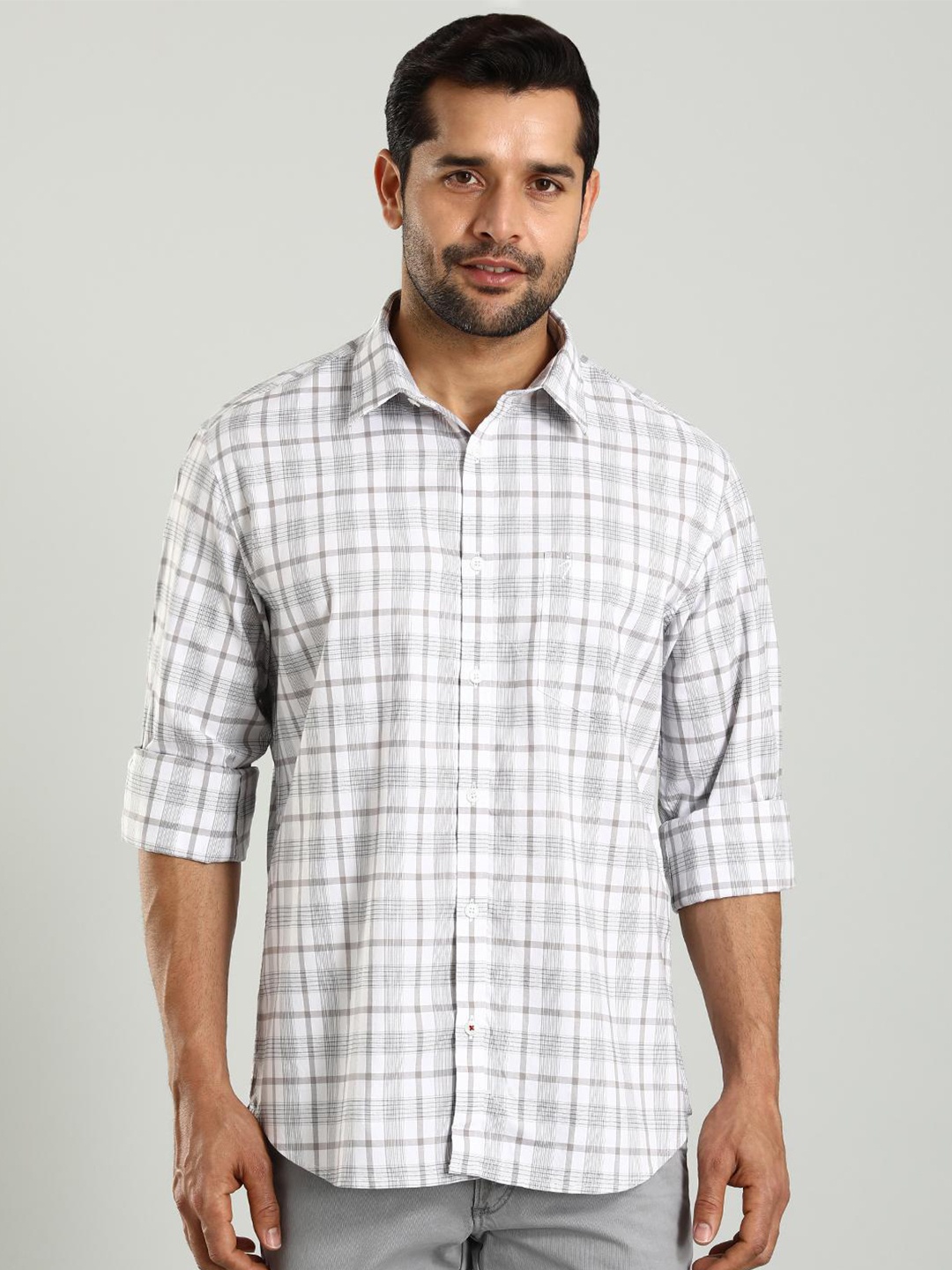 

Indian Terrain Slim Fit Checked Spread Collar Long Sleeves Cotton Casual Shirt, White