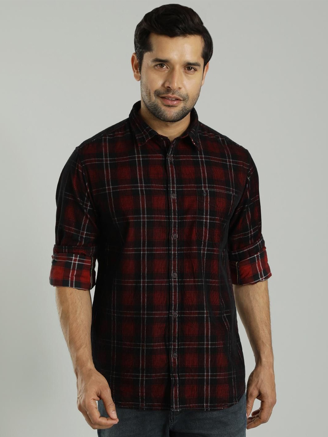 

Indian Terrain India Slim Fit Tartan Checked Spread Collar Cotton Shirt, Red